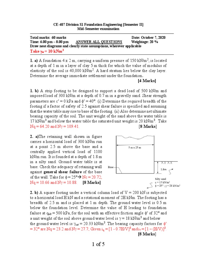CE-407 Foundation Engineering Exam | PDF