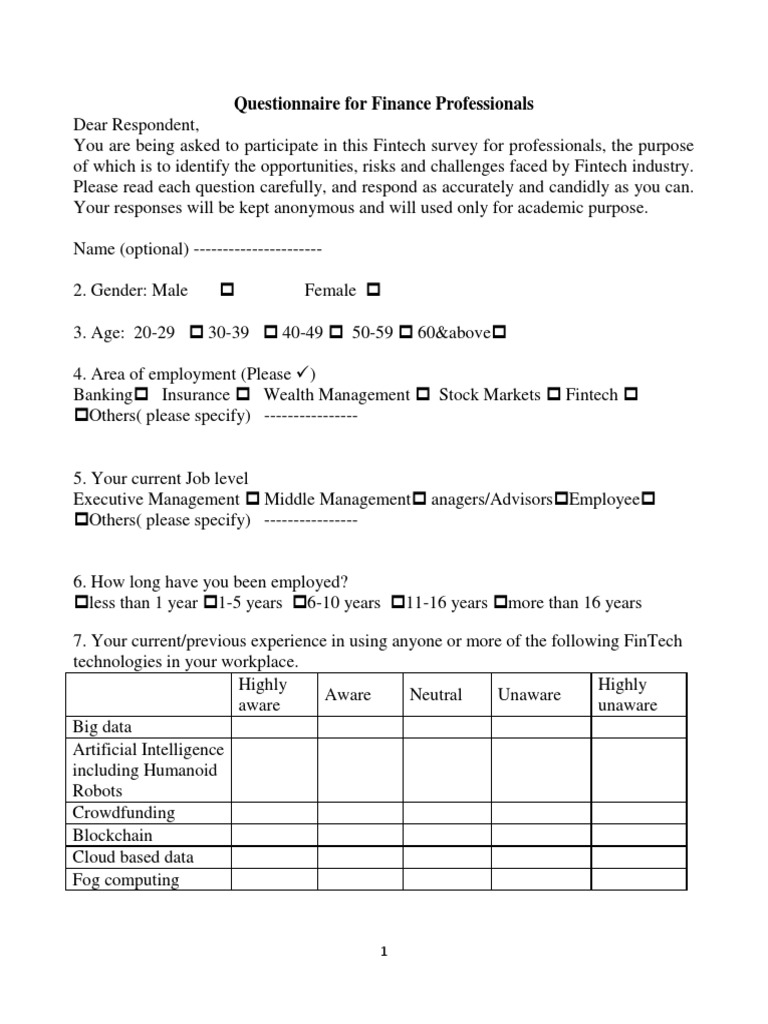 Questionnaire for finance professionals final pdf economies business