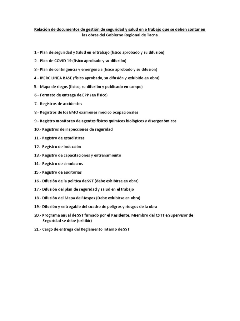 Documentos De Gestión De Seguridad Y Salud En E Trabajo Que Se Deben