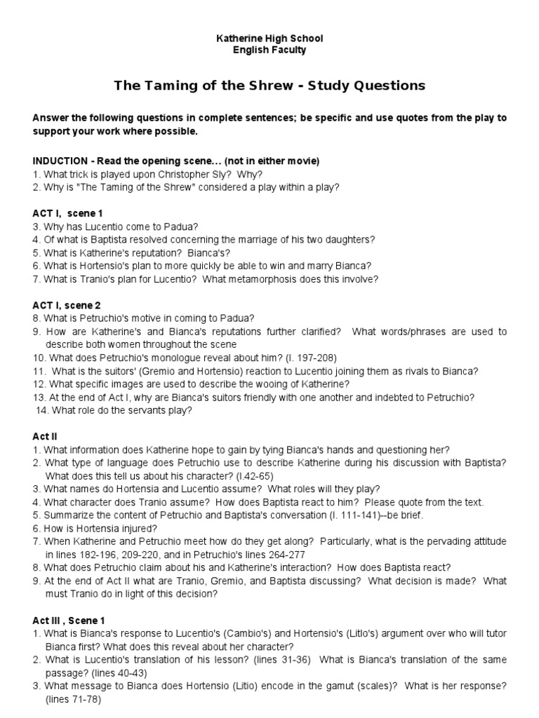 Shrew Study Questionsl The Taming Of The Shrew