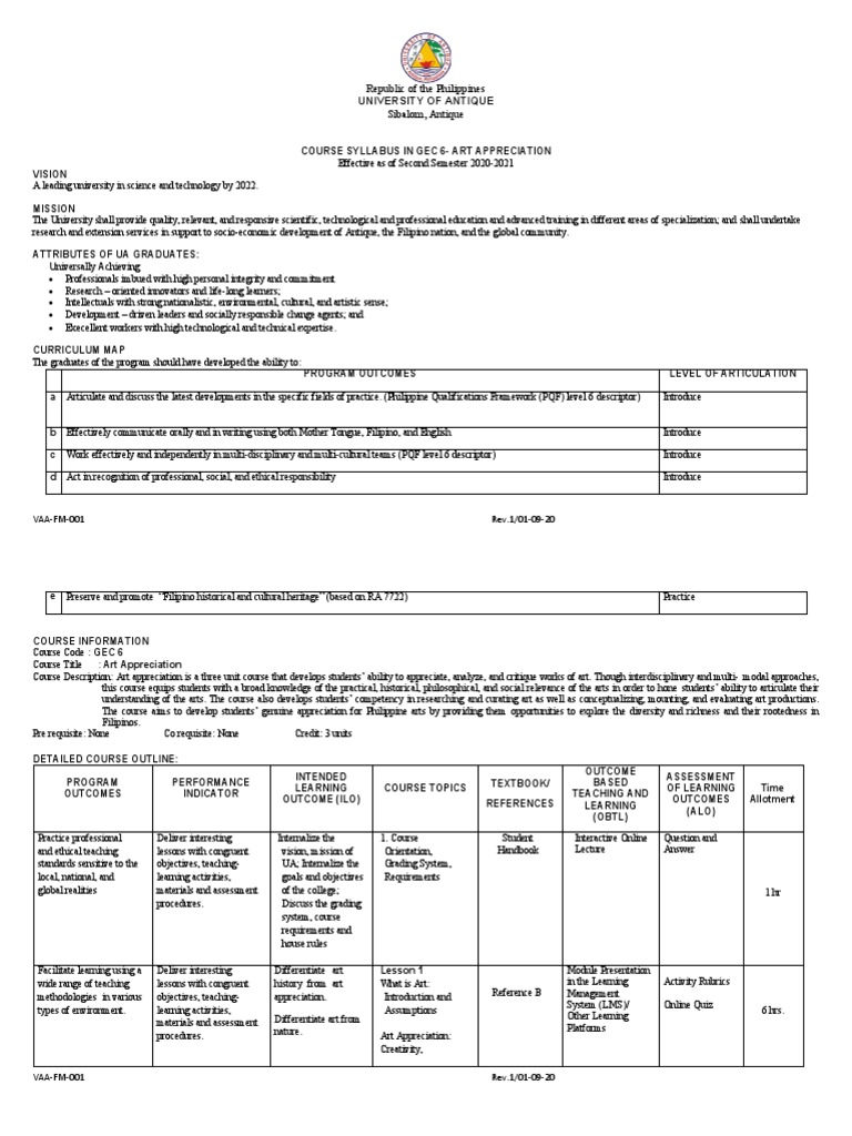 GEC 6 Course Syllabus SY 2021 2nd Sem PDF Learning Methodology
