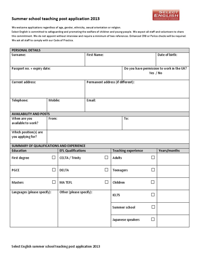 Summer School Teaching Post Application Form 2013 PDF English As A