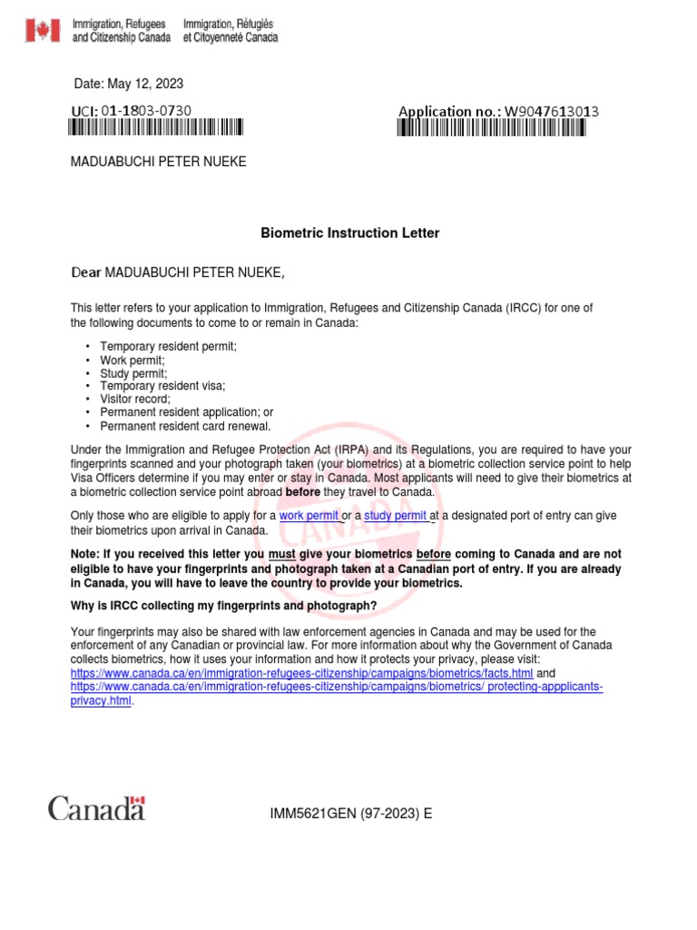 Maduabuchi Peters Biometrics Instruction Letter | PDF | Immigration Law ...