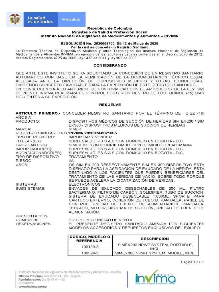 CERTIFICADO INVIMA SIMEX vac | PDF
