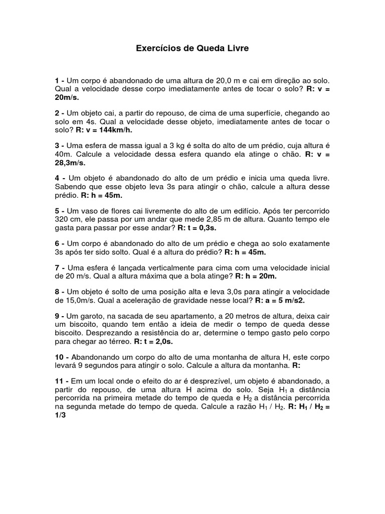 Lista de Exercícios Queda Livre - 2023 | PDF