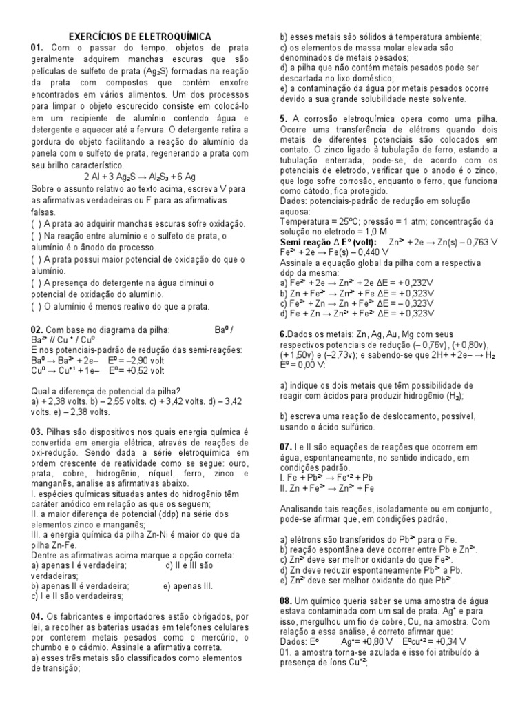 Questões de Eletroquímica e Pilhas | PDF | Eletroquímica | Reações químicas