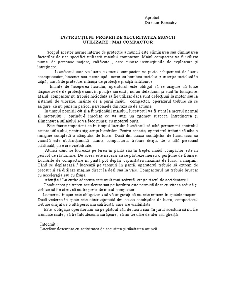 Instructiuni Proprii SSM - Mai Compactor | PDF