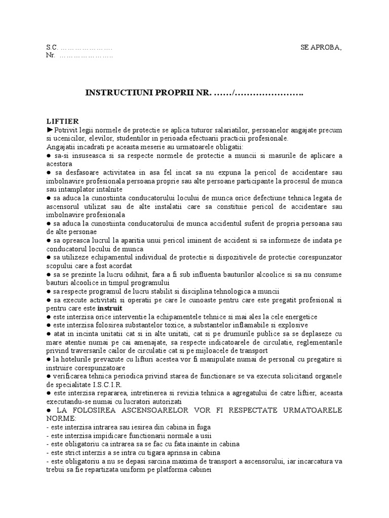 Instructiuni Proprii 19.07.08 LIFTIER | PDF