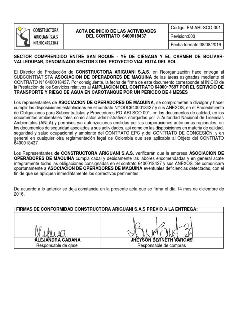 Acta de Inicio Contrato 6400018437 | PDF