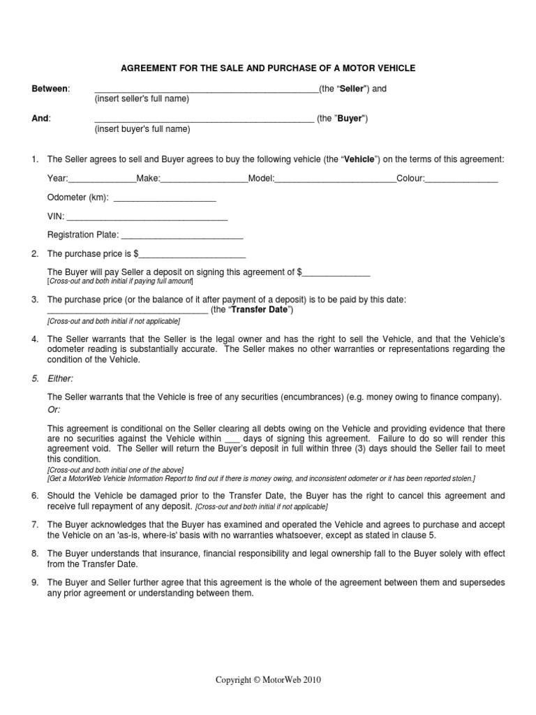 Motor Vehicle Sale & Purchase Agreement Sales Securities (Finance)
