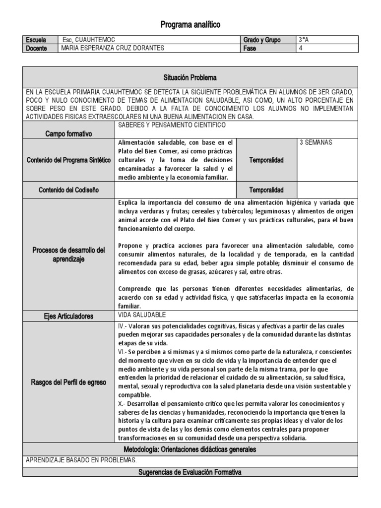 Formato Programa Analitico FASE 4 | PDF | Alimentos | Pensamiento