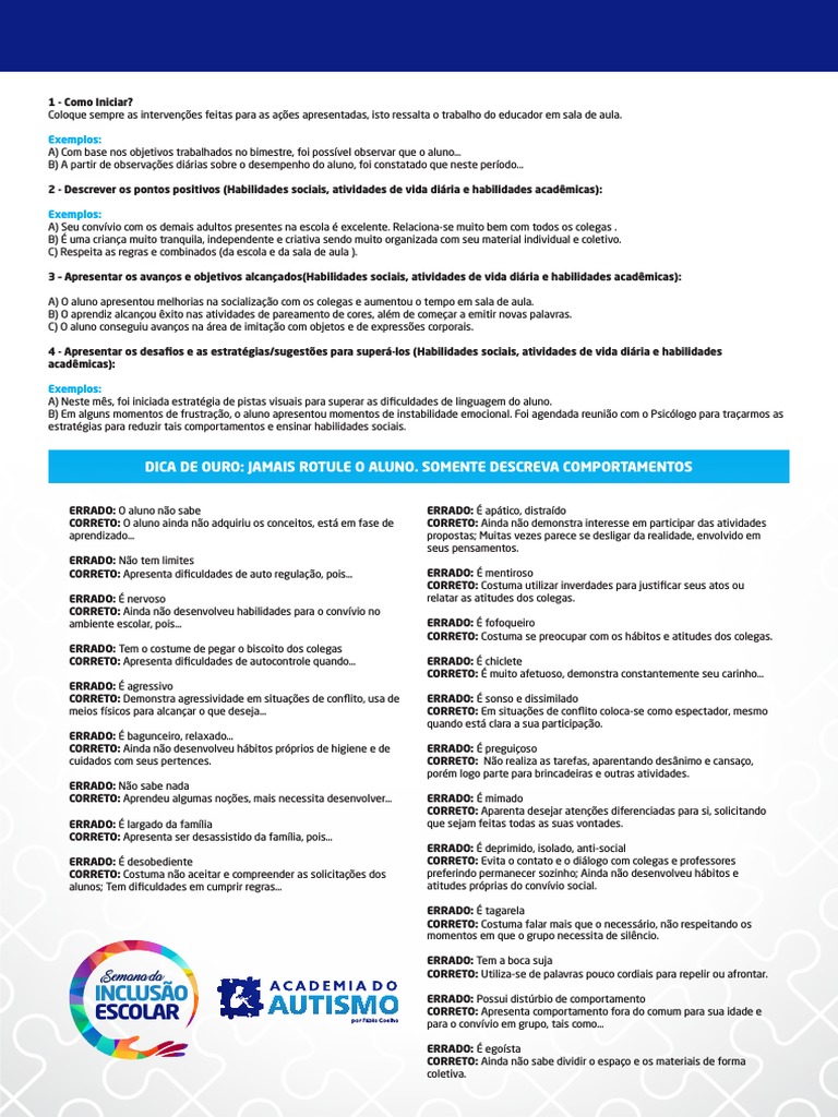 Como escrever relatório aluno autismo | PDF | Espectro do autismo ...