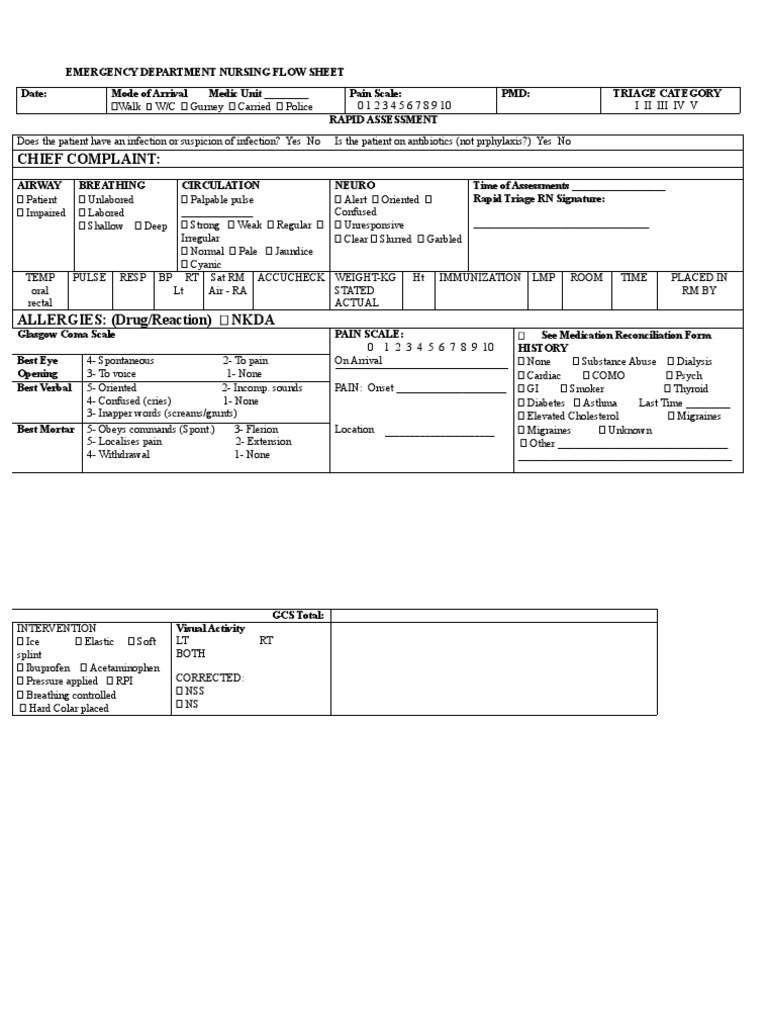 Emergency Department Nursing Flow Sheet Download Free PDF Coma