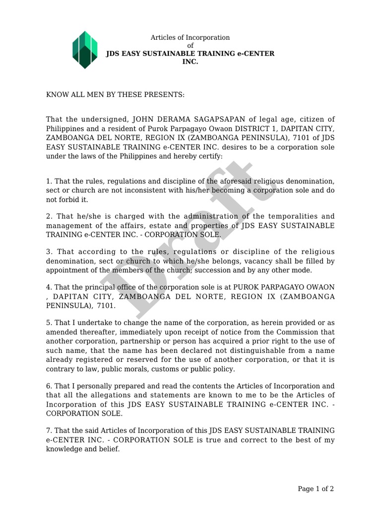 Articles of IncorporationNon Stock Corp PDF