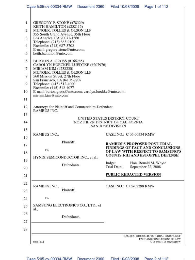 Rambus'S Proposed PostTrial Findings of Fact and Conclusions of Law With Respect To Samsung'S