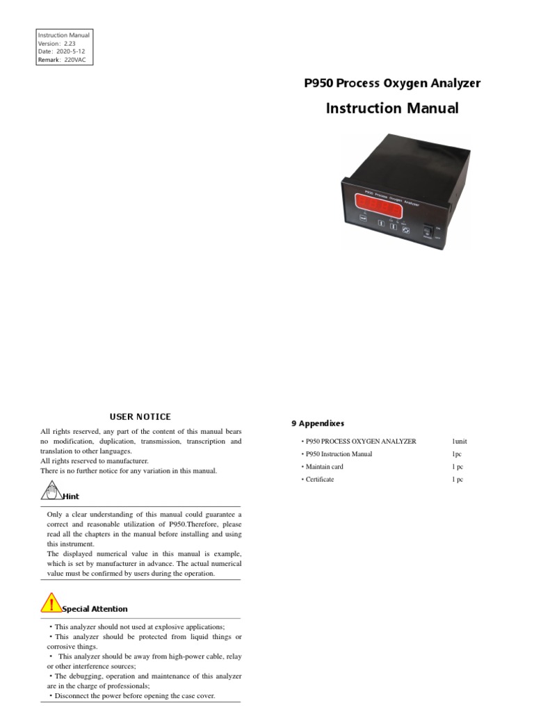P950 Oxygen Analyzer Instruction Manual | PDF | Gases | Menu (Computing)