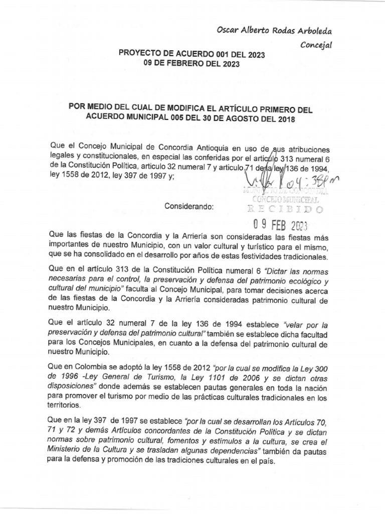 Proyecto de Acuerdo 001 Del 2023 Cambio de Fecha Fiestas | PDF
