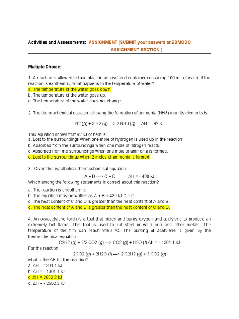 Assessments Lesson 4 Unit 2 Thermochemical Equations PDF
