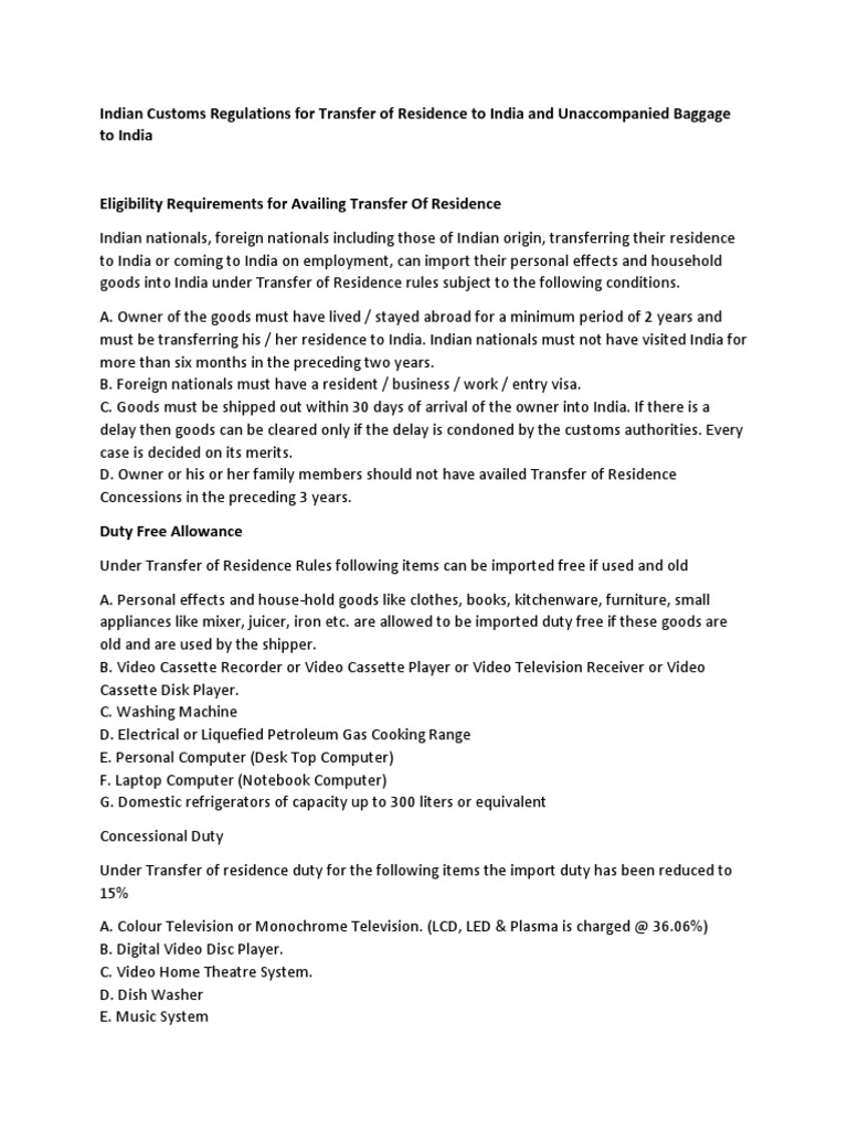 Indian Customs Regulations For Transfer of Residence To India and