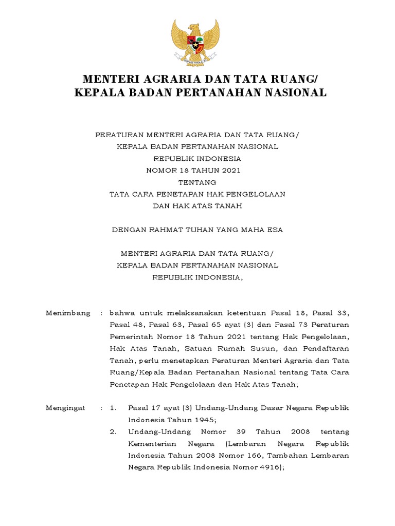 Permen ATR KBPN No. 18 Tahun 2021 Tentang Tata Cara Penetapan Hak