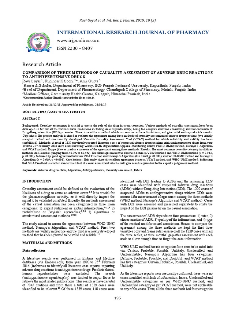 Comparison Of Three Methods Of Causality Pdf Pharmacovigilance