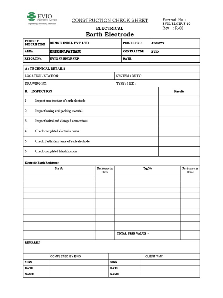 EVIOELITPF-10 Earth Electrode Checklist | PDF