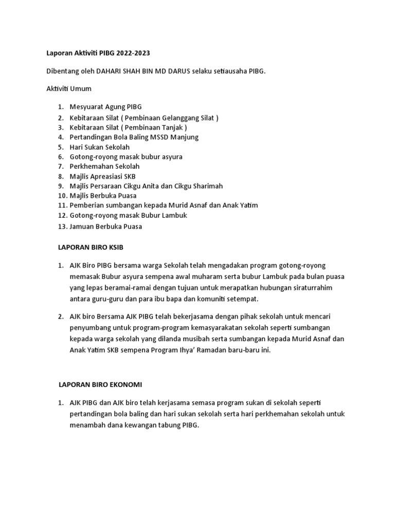 Laporan Aktiviti Pibg 2022 2023 Pdf