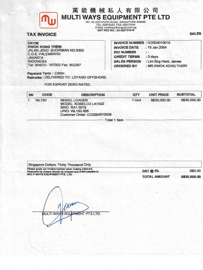 Tax Invoice for Wheel Loader Sale | PDF