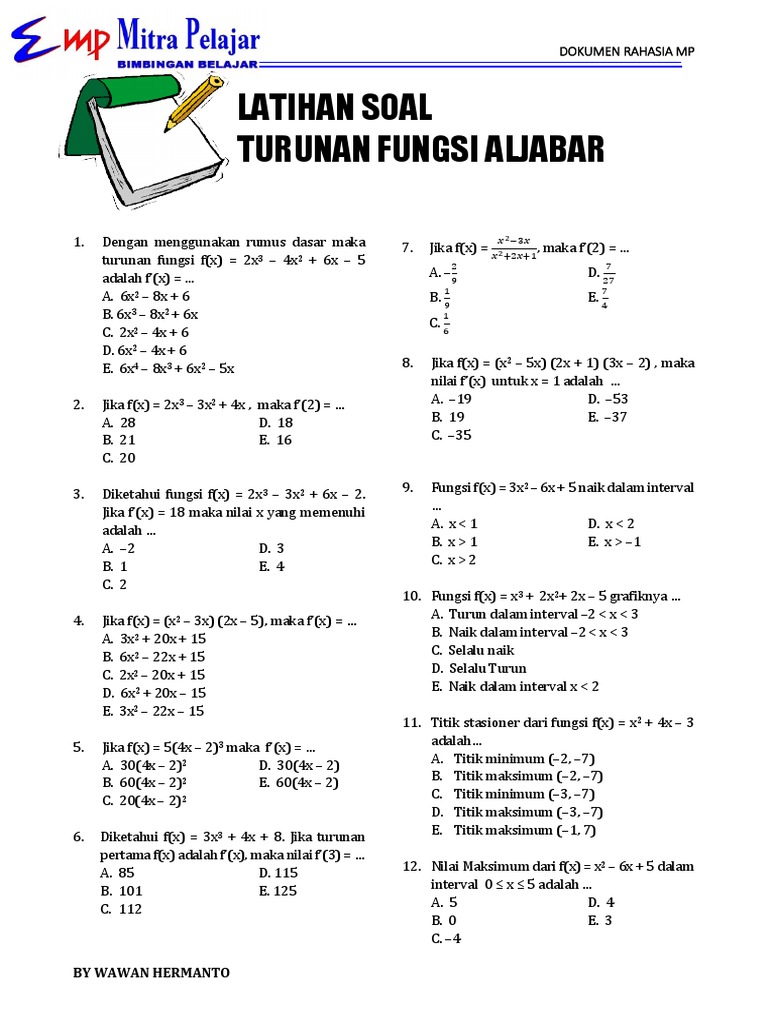 Latihan soal turunan fungsi aljabar pdf