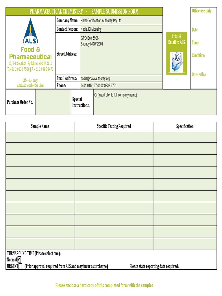 ALS Pharmaceutical Sample Submission Form | PDF