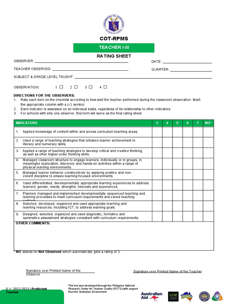 (Appendix C-02) COT-RPMS Rating Sheet For T I-III For SY 2022-2023 | PDF