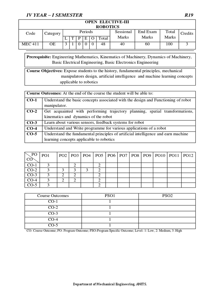 Robotics R19 Iv Year Sem-I | PDF