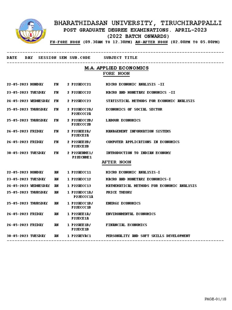 BDU PG Exam Schedule April 2023 | PDF | Economics | Differential Equations