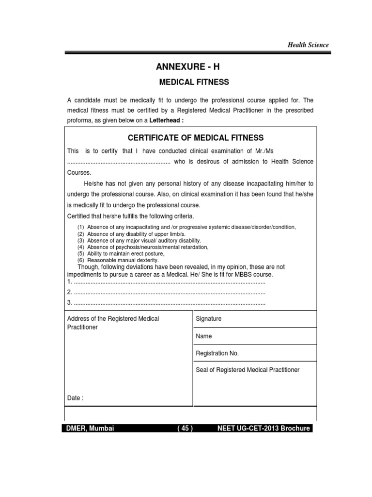 Medical Fitness Format 180619 | PDF