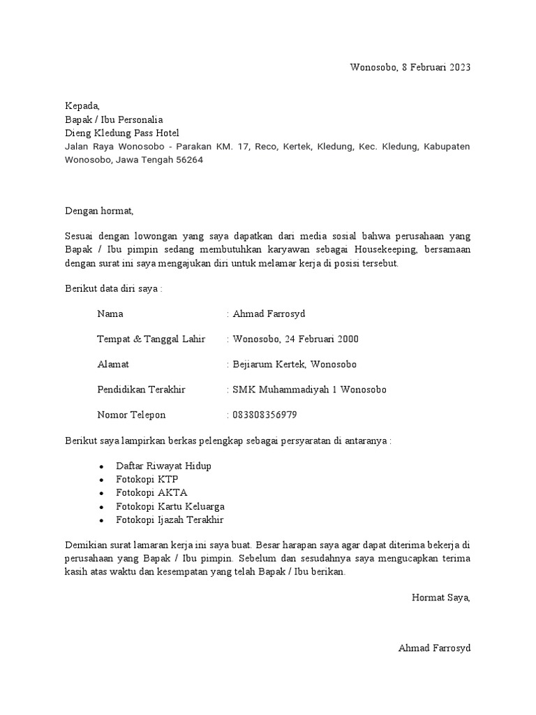 Contoh Surat Lamaran Kerja Cleaning Service | PDF