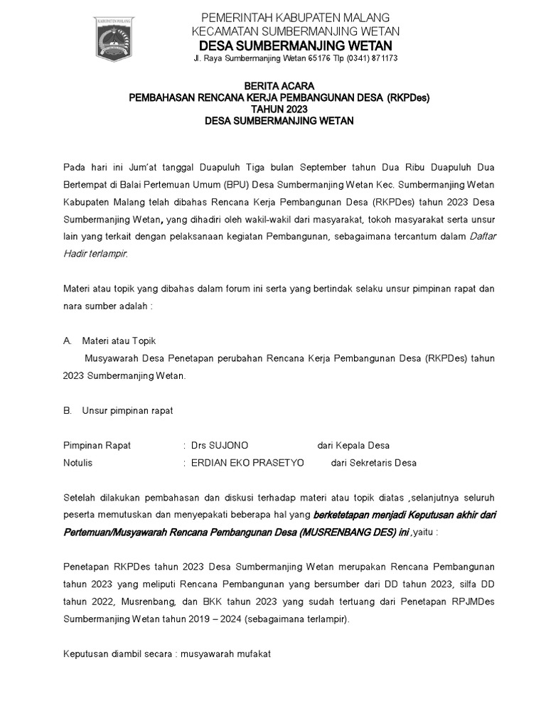 BERITA ACARA PEMBAHASAN RKPDes 2023 | PDF