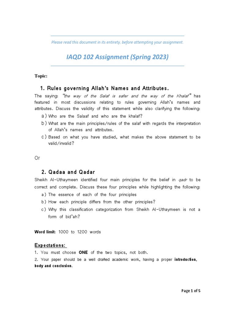 IAQD 102 Assignment Guidelines | PDF | Plagiarism | God In Islam