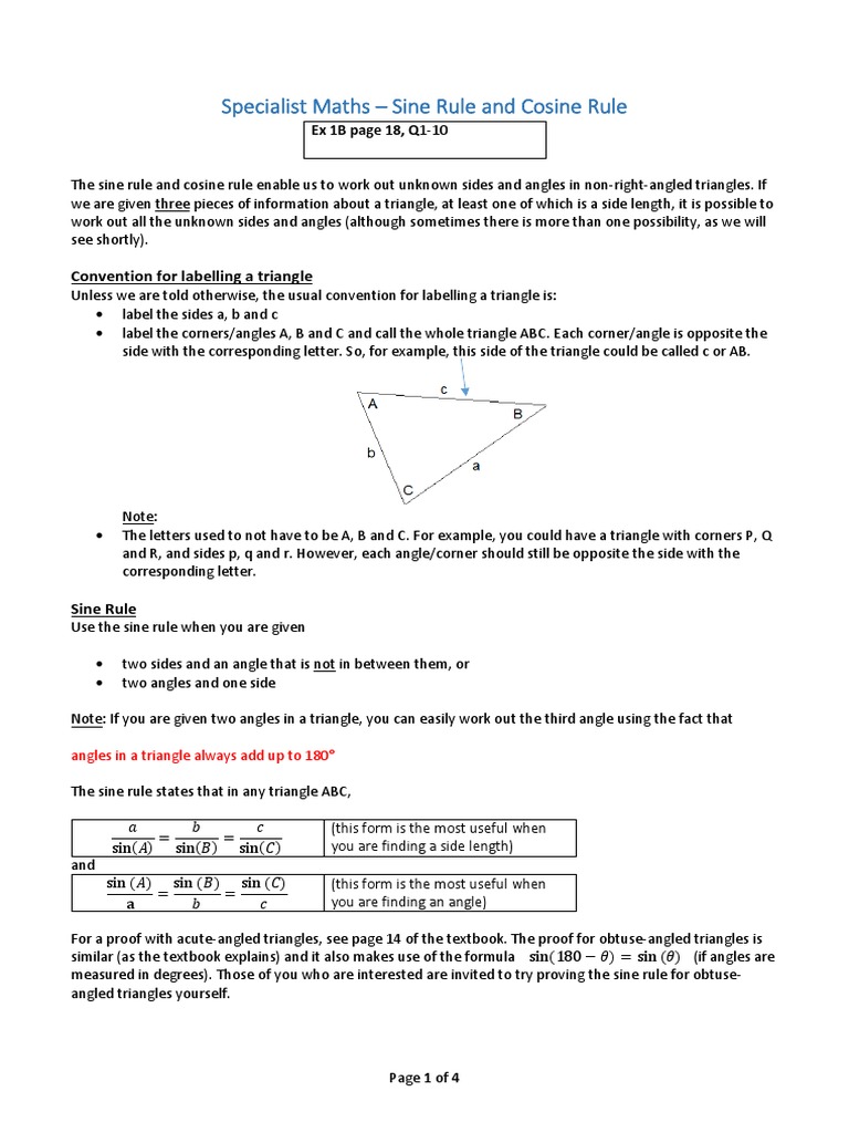 Handout 1 - Sine Rule and Cosine Rule | PDF | Triangle | Angle