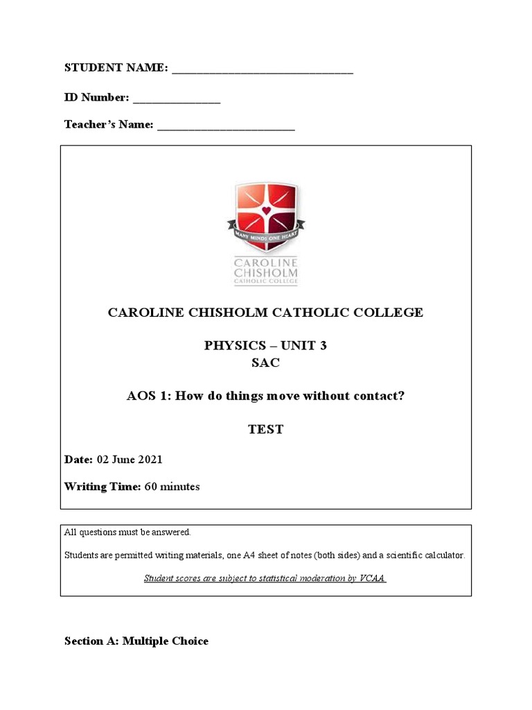 PHY34 Unit 3 AOS 1 SAC Fields Test 2021 PDF