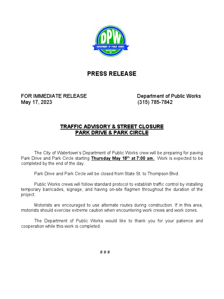 Traffic Advisory: Park Drive Closure | PDF