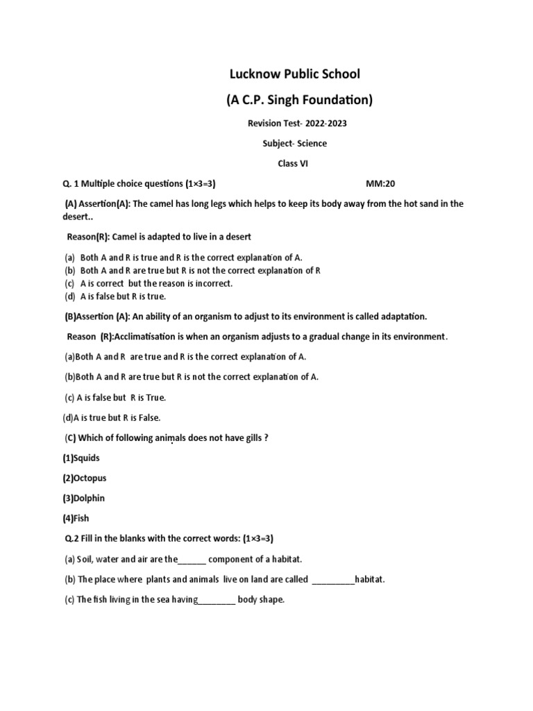 Revision test on science adaptations and ecosystems for class vi
