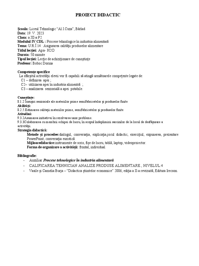 Proiect Didactic: Apa-H2O | PDF