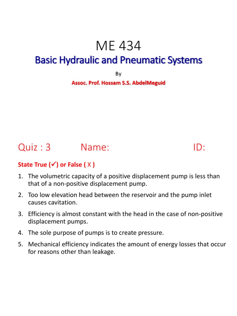 ME 434 Basic Hydraulic and Pneumatic Systems Quiz PDF Valve Actuator