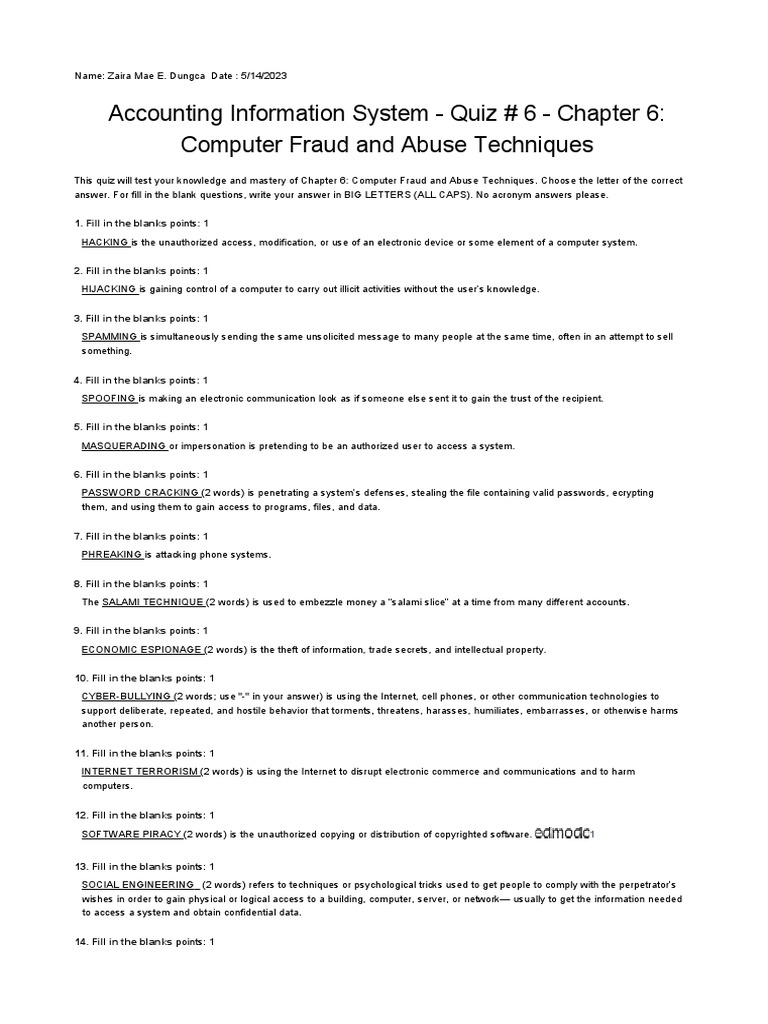 Accounting Information System Quiz 6 Chapter 6 Computer Fraud