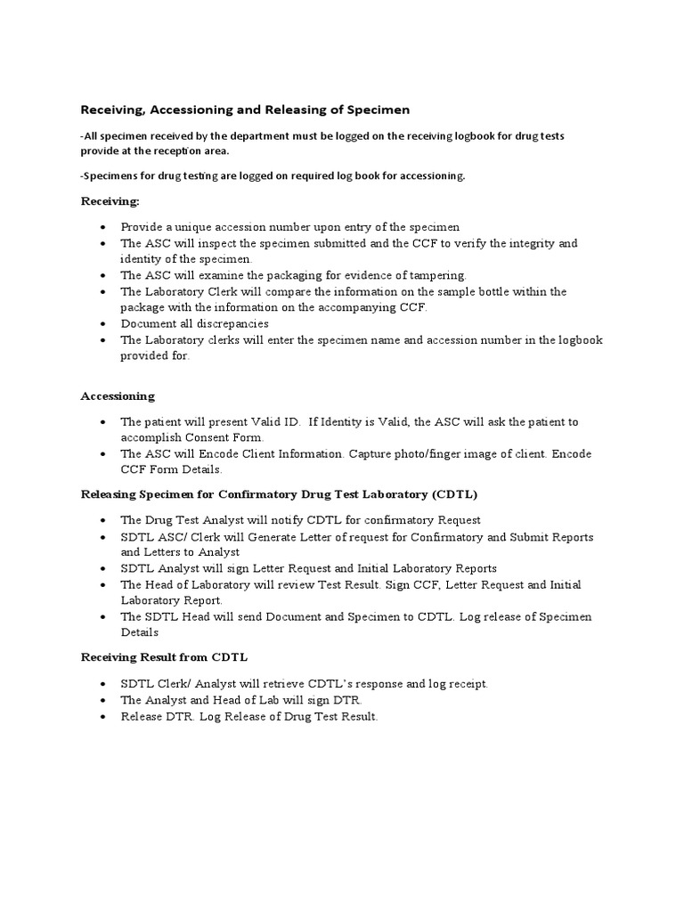 Receiving, Accessioning and Releasing of Specimen PDF