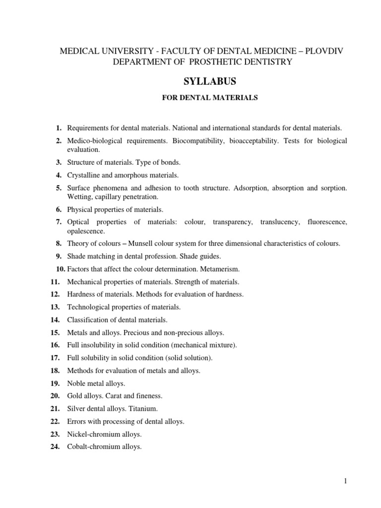 Syllabus in Dental Materials 2 Year PDF Alloy Poly(Methyl