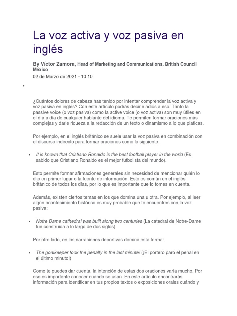Uso de voz activa y pasiva en inglés | PDF | Asunto (gramática) | Verbo