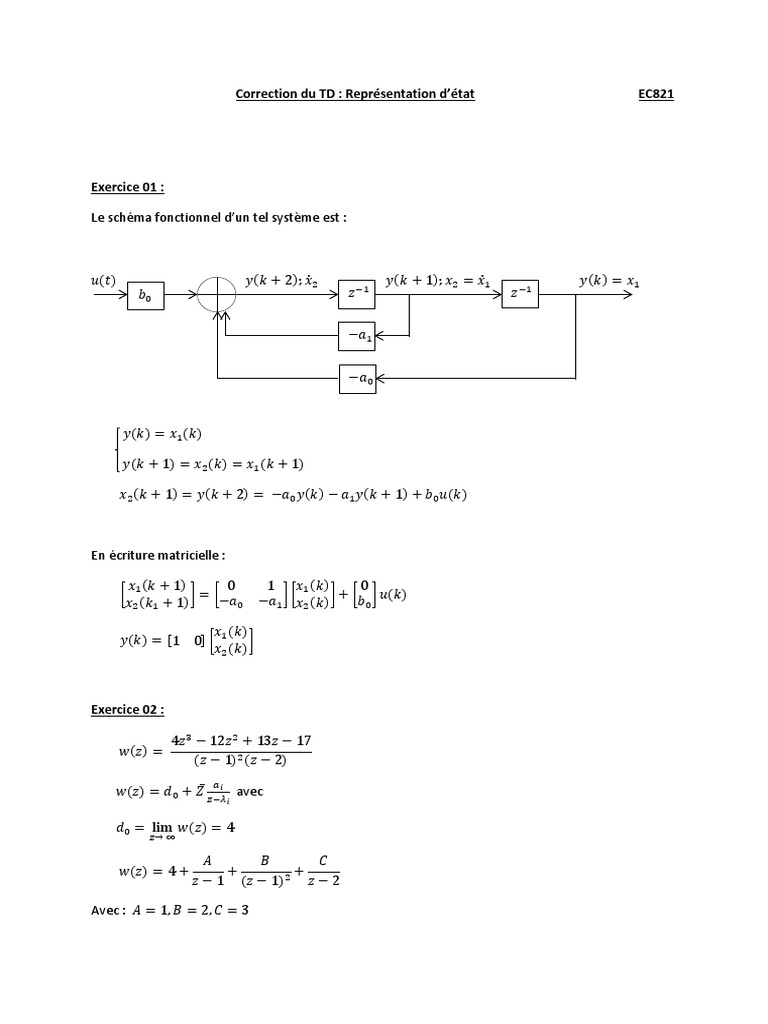 Correction TD : Représentation d'état | PDF | Mathématiques appliqués ...