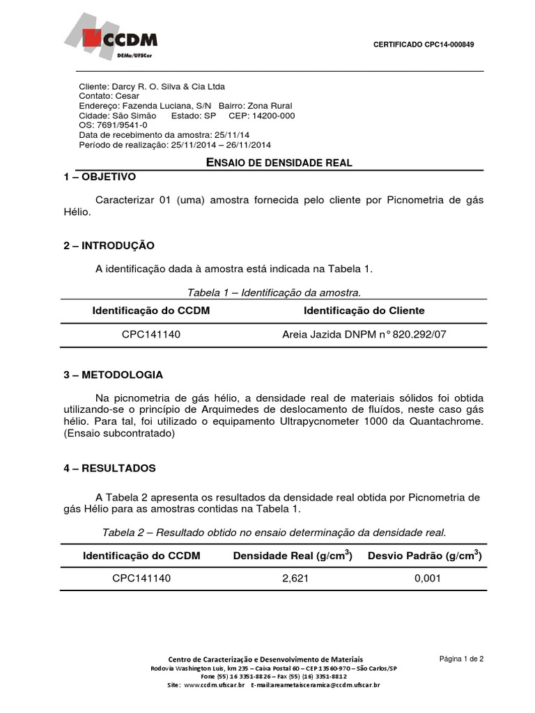 Densidade - Areia-Jazida-Cpc14-000849 - DENSIDADE JAZIDA | PDF