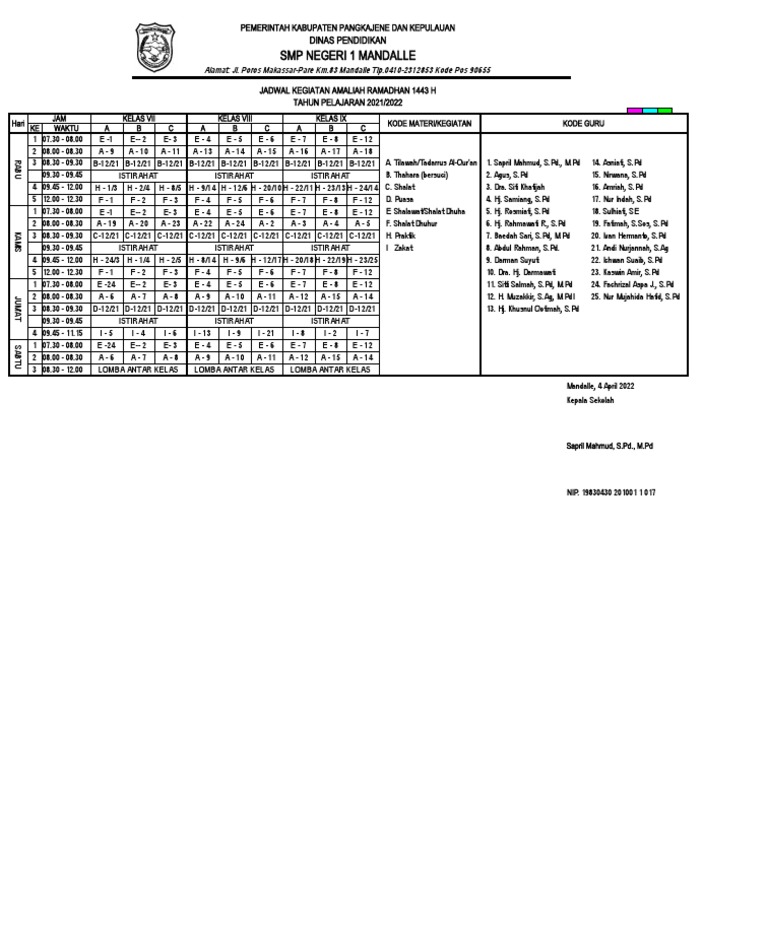 Jadwal Kegiatan Amaliah Ramadhan 1443 H 2022 Pdf